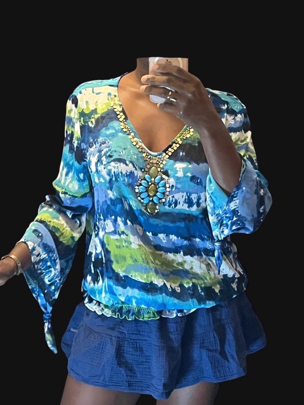 Sunny Leigh Watercolor Beaded Bell Sleeve Boho Blouse XL